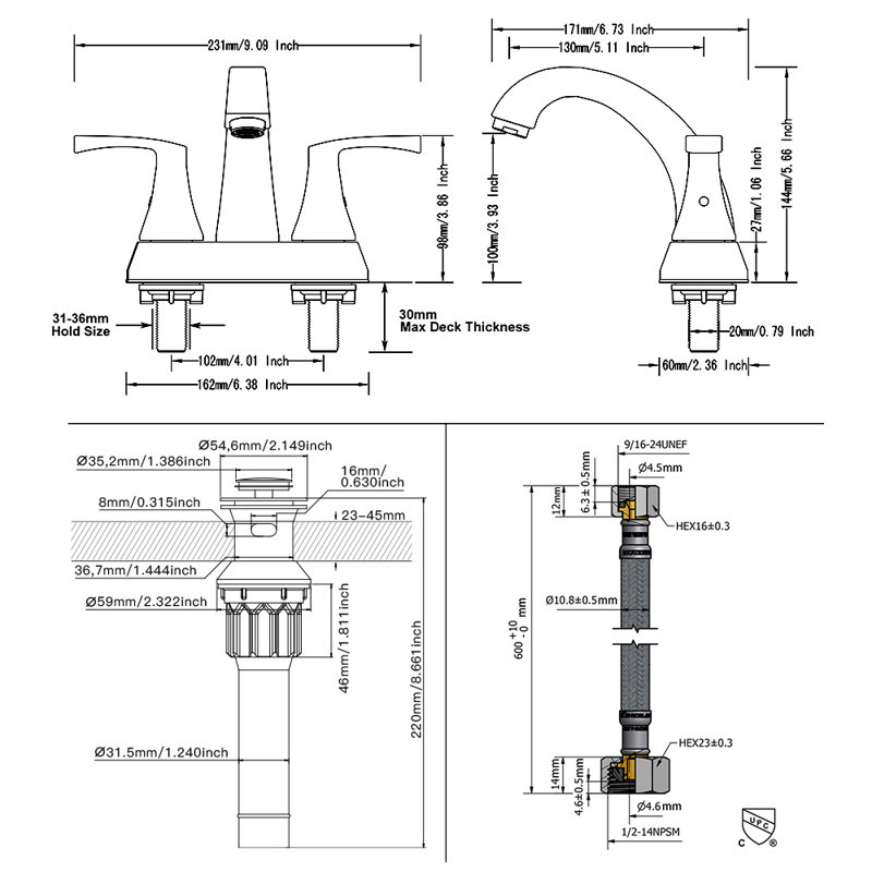 Parlos Home Centerset Faucet 2handle Bathroom Faucet with Drain